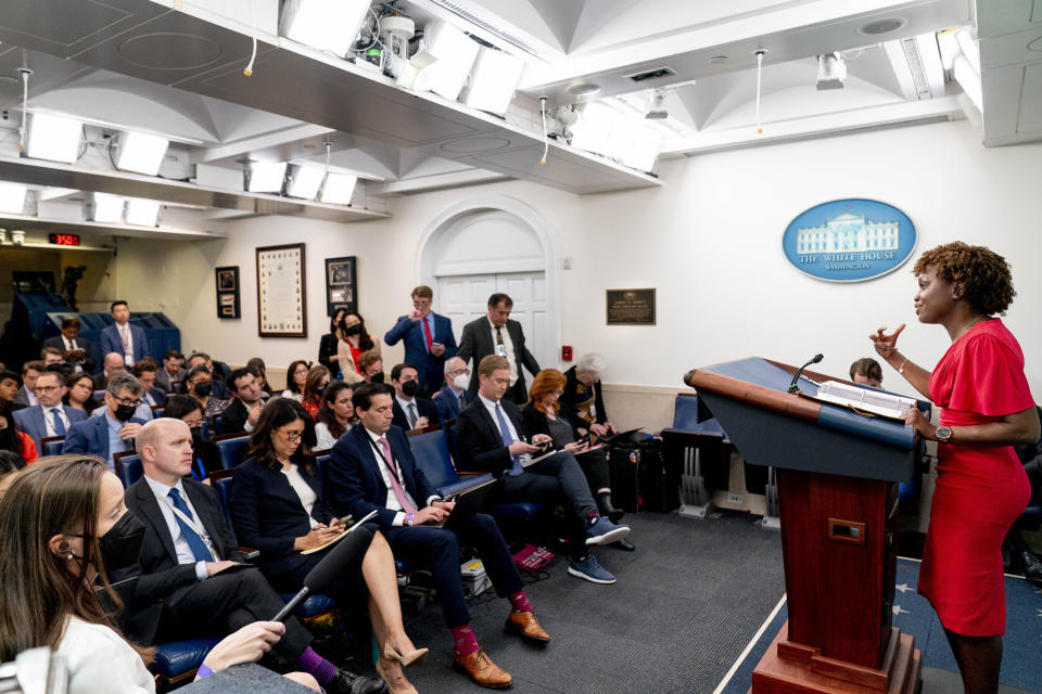 White House press secretary Karine Jean-Pierre addresses a room full of reporters on Monday.