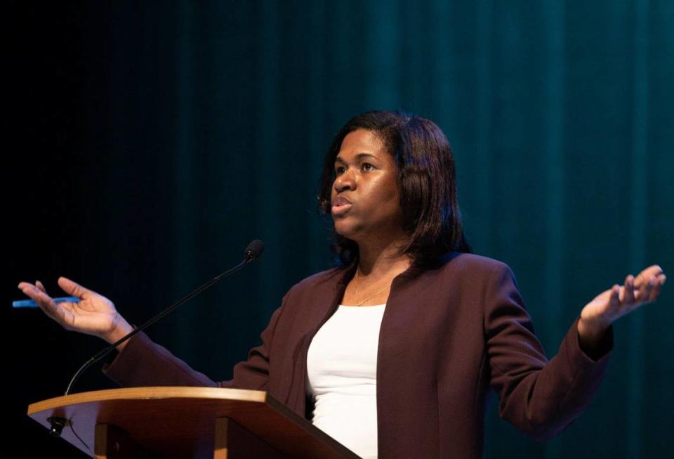 PACT CO-President Pastor Sherlain Stevens speaks during PACT’s assembly on the affordable housing crisis and other issues at Barry University in Miami Shores.