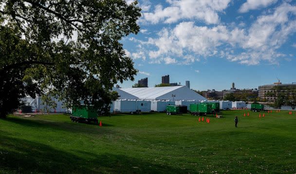 PHOTO: The Humanitarian Emergency Response and Relief Center, designed to process and temporarily house migrants arriving from other states on Randall's Island, Oct. 18, 2022, in New York City. (David Dee Delgado/Reuters)