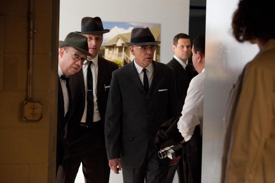 This film image released by Exclusive Media Entertainment shows, from left, PAUL Paul Giamatti as Abraham Zapruder, Paul Sparks as Harry McCormick, and Billy Bob Thornton as Forrest Sorrels, the head of the Secret Service in Dallas, in a scene from "Parkland." (AP Photo/ Exclusive Media Entertainment, Claire Folger)