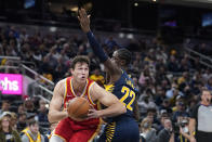 Atlanta Hawks' Danilo Gallinari (8) moves around Indiana Pacers' Caris LeVert (22) during the first half of an NBA basketball game Wednesday, Dec. 1, 2021, in Indianapolis. (AP Photo/Darron Cummings)