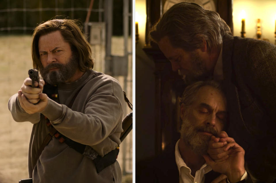 Two scenes: Nick Offerman's character aiming a gun and an older version of Nick's character consoling Murray Bartlett's character