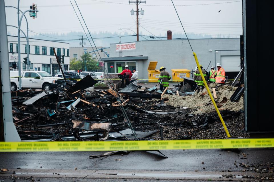 Piles of rubble and debris at the site of an explosion at a building in downtown Prince George. Taken Aug. 23, 2023.