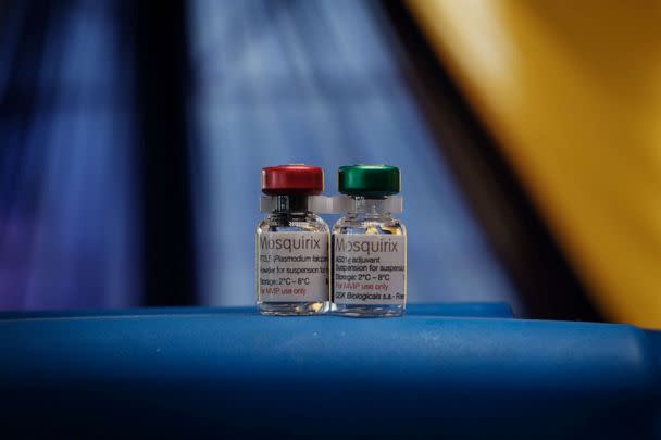 PHOTO: Malaria vaccine containers during the launch of the extension of the worlds first malaria vaccine pilot program for children at risk of malaria illness and death within Kenyas lake-endemic region at Kimogoi Dispensary in Gisambai, March 7, 2023. (Yasuyoshi Chiba/AFP via Getty Images)