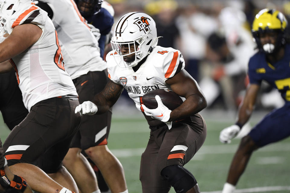 Bowling Green running back Terion Stewart (4) rushes against Michigan in the second half of an NCAA college football game, Saturday, Sept. 16, 2023, in Ann Arbor, Mich. (AP Photo/Jose Juarez)