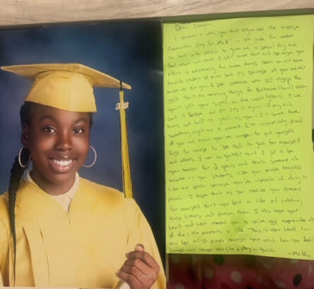 Camyra Williams’ fifth-grade graduation picture alongside a handwritten letter from her longtime teacher Kyair Butts. (Courtesy of Camyra Williams)