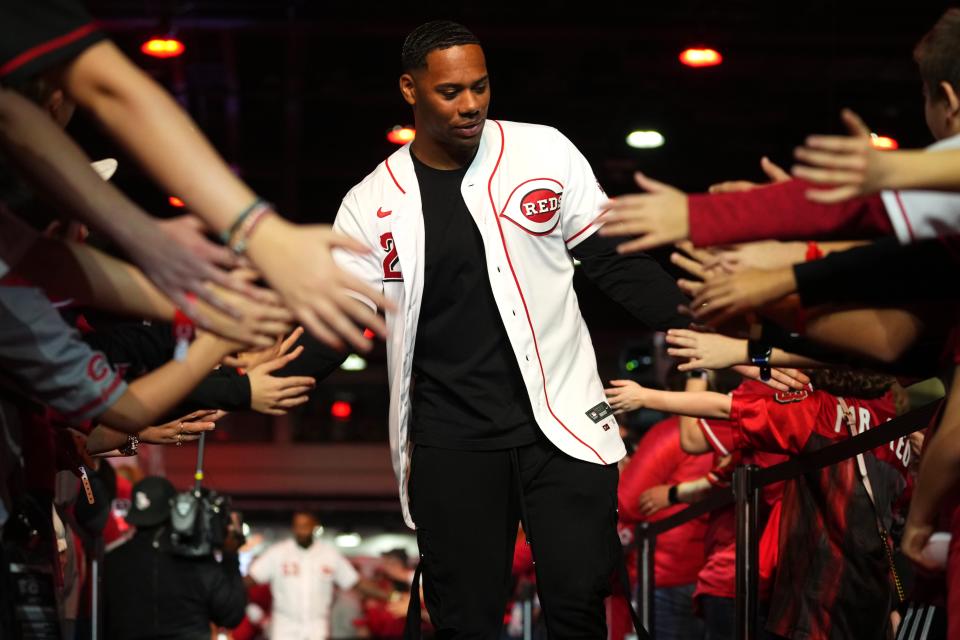 Cincinnati pitcher Hunter Greene is introduced during Redsfest in December.