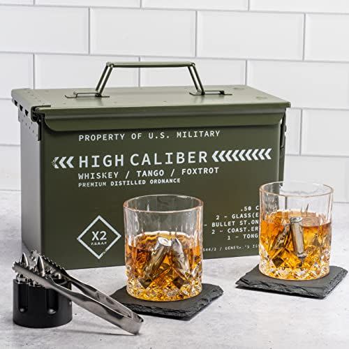 9) Whiskey Glasses and Whiskey Stones in Unique Tactical Box Display | Ideal Groomsmen Gifts Whiskey Gifts for Men | Bourbon Whiskey Cocktail Glasses, Slate Coasters and Tongs… (with Whiskey Stones)