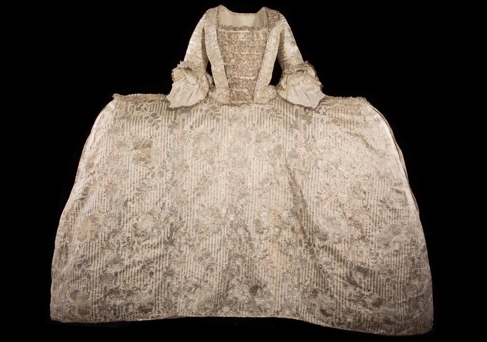 Ian Serfontein,1760-5,The Rockingham mantua. Silk satin brocaded in silver thread with silver lace trim. Probably worn by Mary, Marchioness of Rockingham, wife of British Prime Minister Charles Watson-Wentworth, 2nd Marquess of Rockingham.