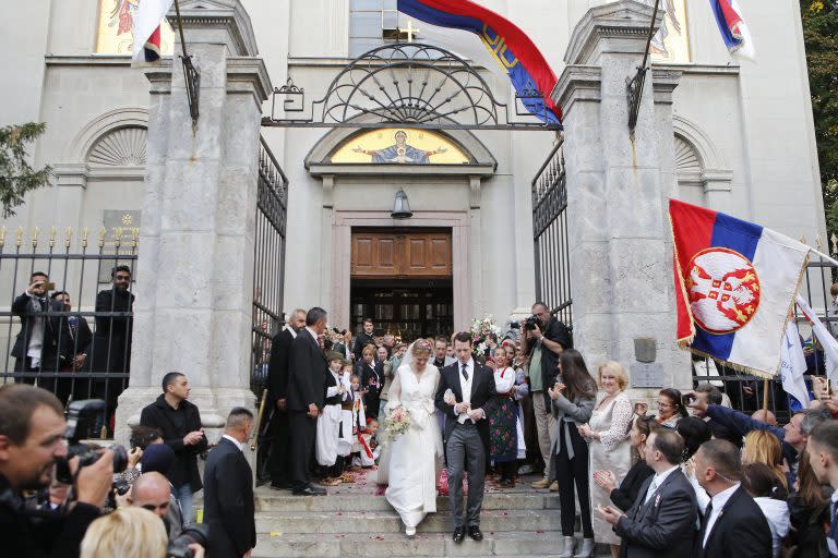 BELGRADE, SERBIA - OCTOBER 07: Prince Philip of Serbia and Danica Marinkovic during their church wedding at The Cathedral Church of St. Michael the Archangel on October 7, 2017 in Belgrade, Serbia. (Photo by Milica Radicevic/WireImage)