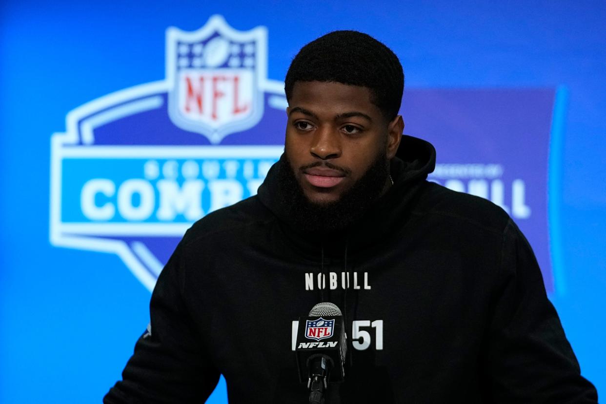 Florida State defensive lineman Jared Verse speaks during a news conference at the NFL football scouting combine, Wednesday, Feb. 28, 2024, in Indianapolis. (AP Photo/Darron Cummings) ORG XMIT: INDC105