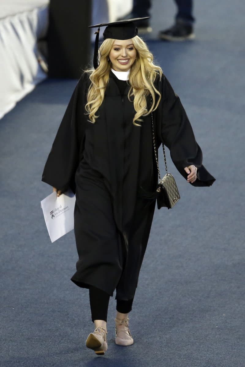 Tiffany Trump in her cap and gown after receiving her diploma while wearing Ivanka Trump shoes. (Photo: AP)