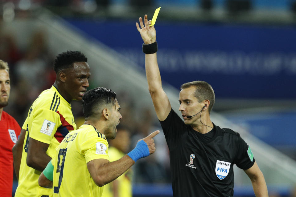 Colombia’s Radamel Falcao bluntly accused controversial U.S. referee Mark Geiger of bias toward England after Tuesday’s World Cup loss. (AP)