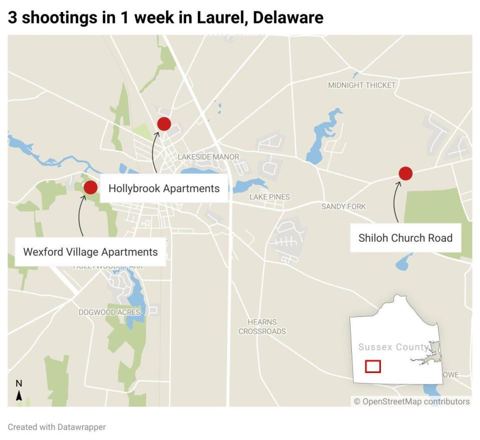 The locations of three shootings that occurred in Laurel between April 12 and 15, 2023.