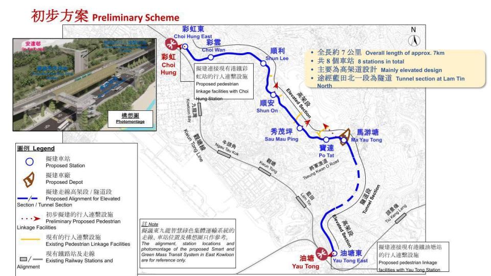 政府計劃在東九龍引入智慧綠色集體運輸系統，全長約7公里。（運輸及物流局fb圖）