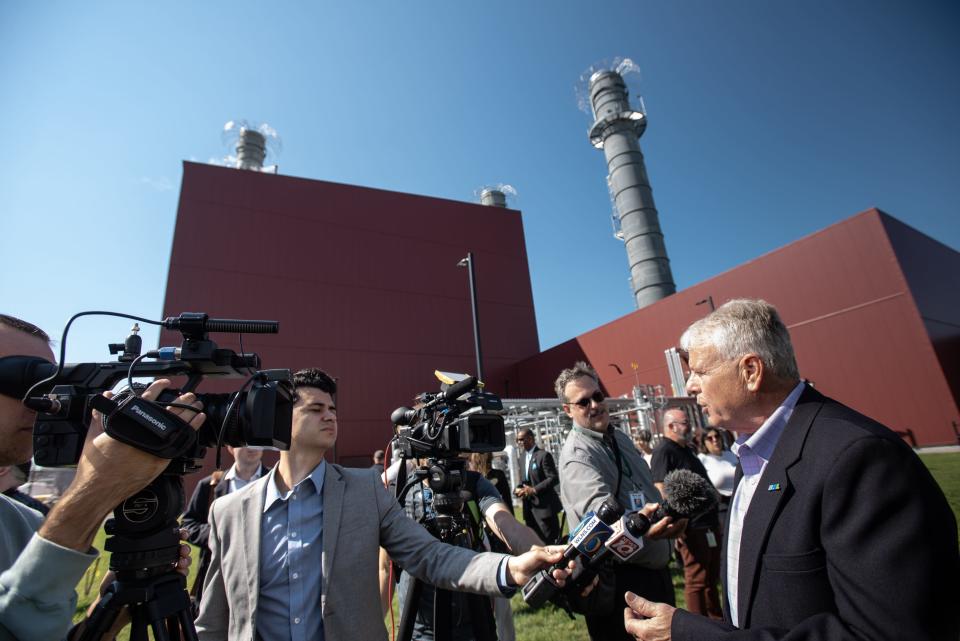 Lansing Board of Water and Light (BWL) General Manager Dick Peffley talks to the media about BWL's Delta Energy Park, Tuesday, Aug. 23, 2022, during the public unveiling of the natural gas-fired plant in Delta Township. The new plant replaces BWL's coal-fired Eckert Power Station which went offline in 2020.