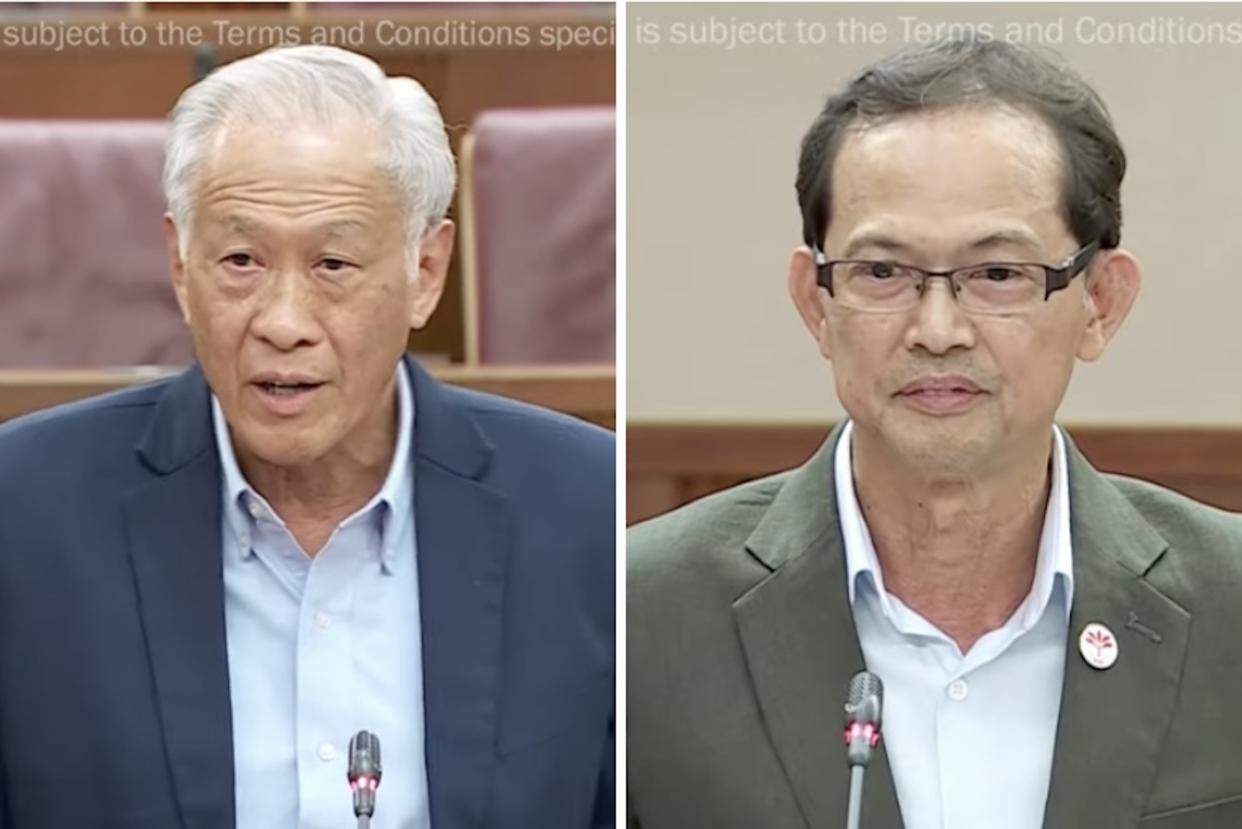 Defence Minister Ng Eng Hen and NCMP Leong Mun Wai speaking in Parliament on 2 August 2022. (SCREENSHOTS: Ministry of Communications and Information/YouTube)