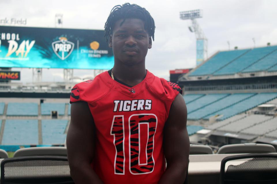 Jackson linebacker Grayson Howard stands overlooking TIAA Bank Field during Baker's Sports High School Media Day on August 5, 2021. [Clayton Freeman/Florida Times-Union]