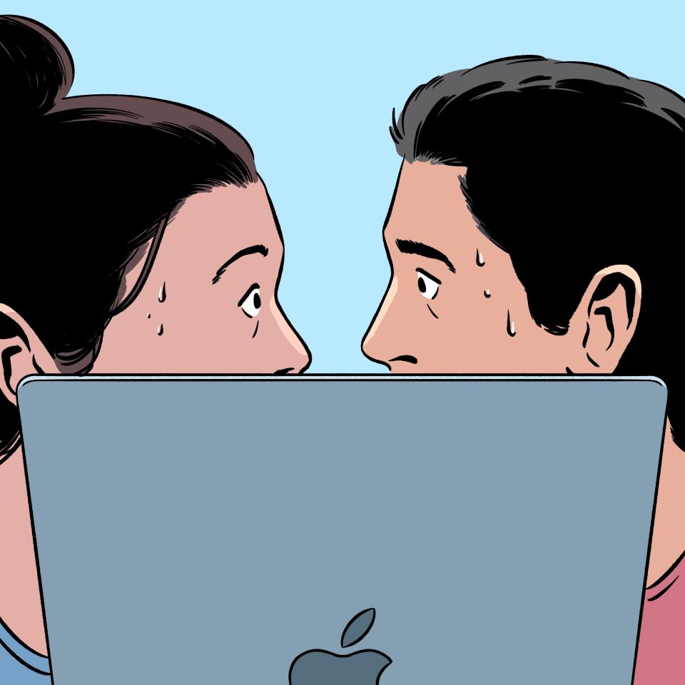 An illustration of two people sweating behind a computer