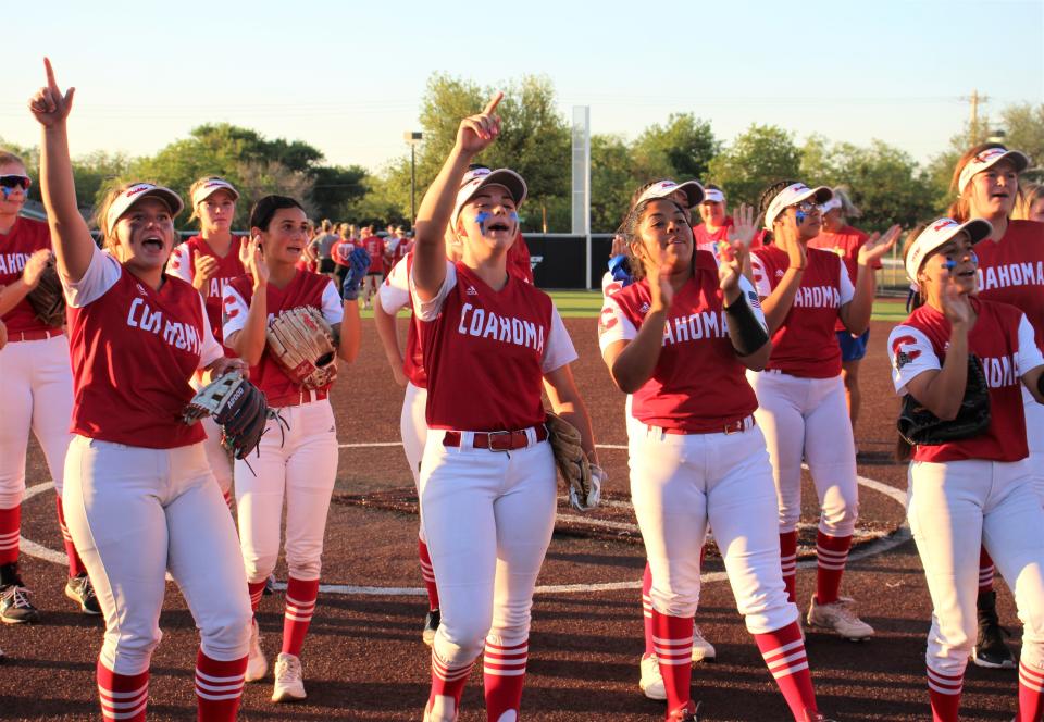 Coahoma player sing with fans after winning Game 1 of the Region I-3A championship series Thursday at ACU against Holliday. Game 2 is 2 p.m. Saturday.