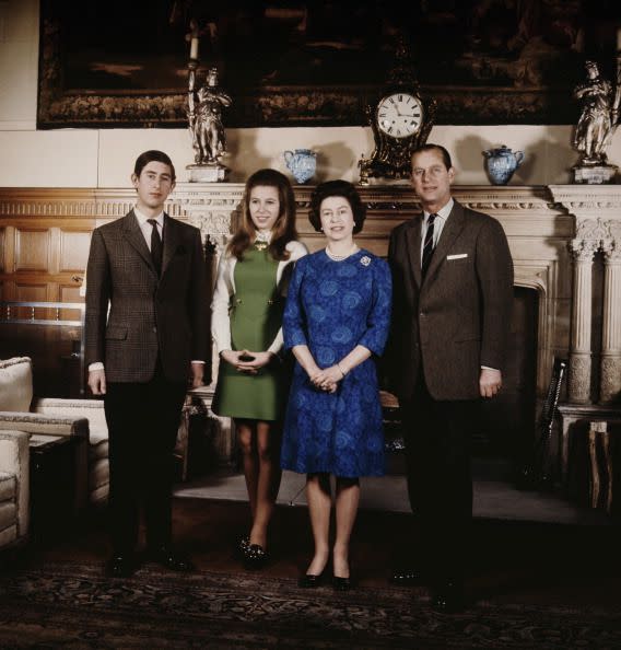 <p>Prince Charles and Princess Anne pose with their parents, Queen Elizabeth and Prince Philip, at their Sandringham Estate in 1970.</p>