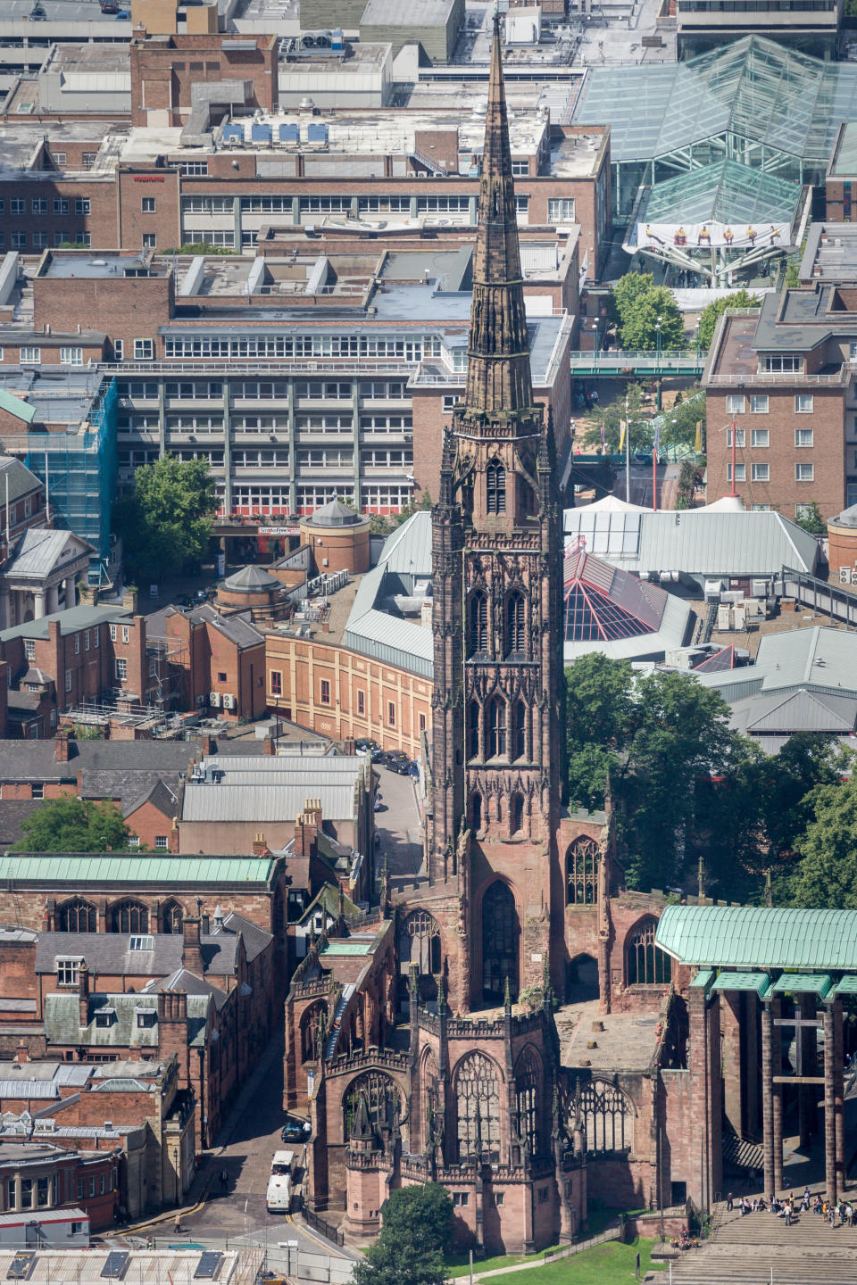 WEST MIDLANDS, ENGLAND. JULY 18. Aerial photograph of the ruined Coventry Cathedral, on July 18, 2010. This Grade I listed building dates back to the 14th century, it was almost destroyed on the 14 November 1940 by the German Luftwaffe, it is located between Cuckoo Street and Priory Lane in the heart of Coventry City centre. (Photograph by David Goddard/Getty Images)