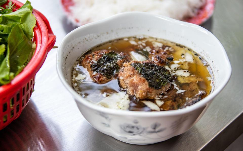 Bun Cha's famous caramelized pork meatballs are a Vietnamese staple