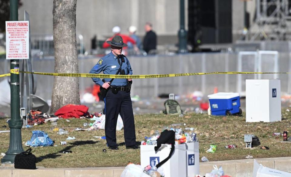 A Missouri state trooper stands guard after a shooting at Union Station after the Kansas City Chiefs Super Bowl LVIII victory parade on Wednesday, Feb. 14, 2024, in Kansas City.