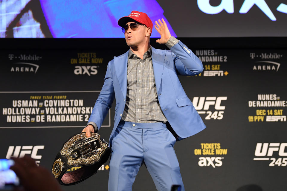 NEW YORK, NY - NOVEMBER 01:  Colby Covington poses on stage during the UFC 245 press conference at the Hulu Theatre at Madison Square Garden on November 1, 2019 in New York, New York. (Photo by Josh Hedges/Zuffa LLC via Getty Images)