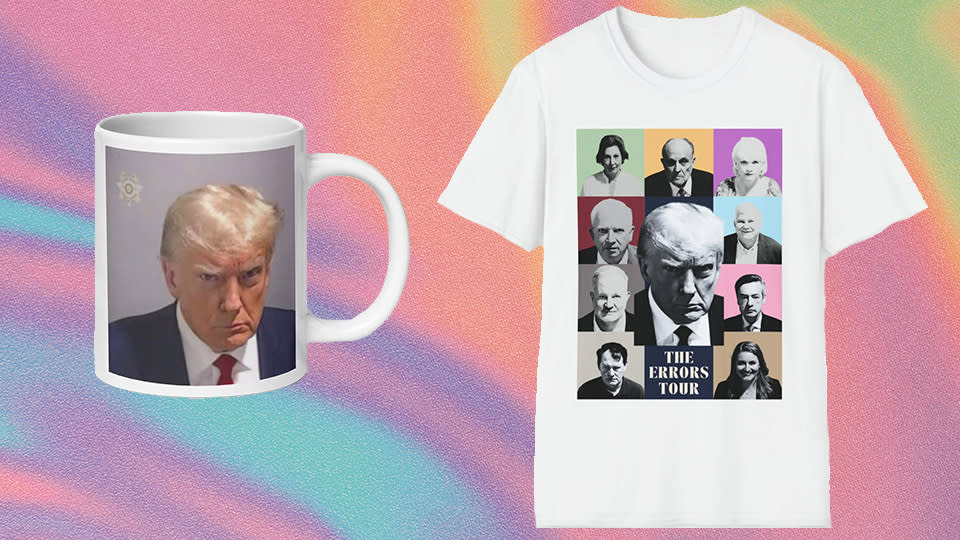 Trump’s Mug Shot Merch Includes Campy T-Shirts, Mugs, & Buttons