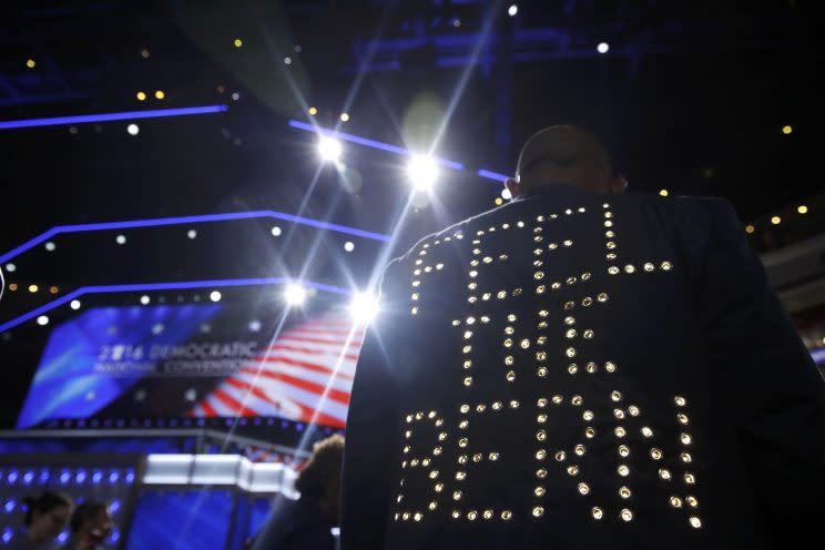 A delegate who's a Bernie Sanders supporter wears a custom coat at the Democratic National Convention in Philadelphia. (Photo: Jim Young/Reuters)