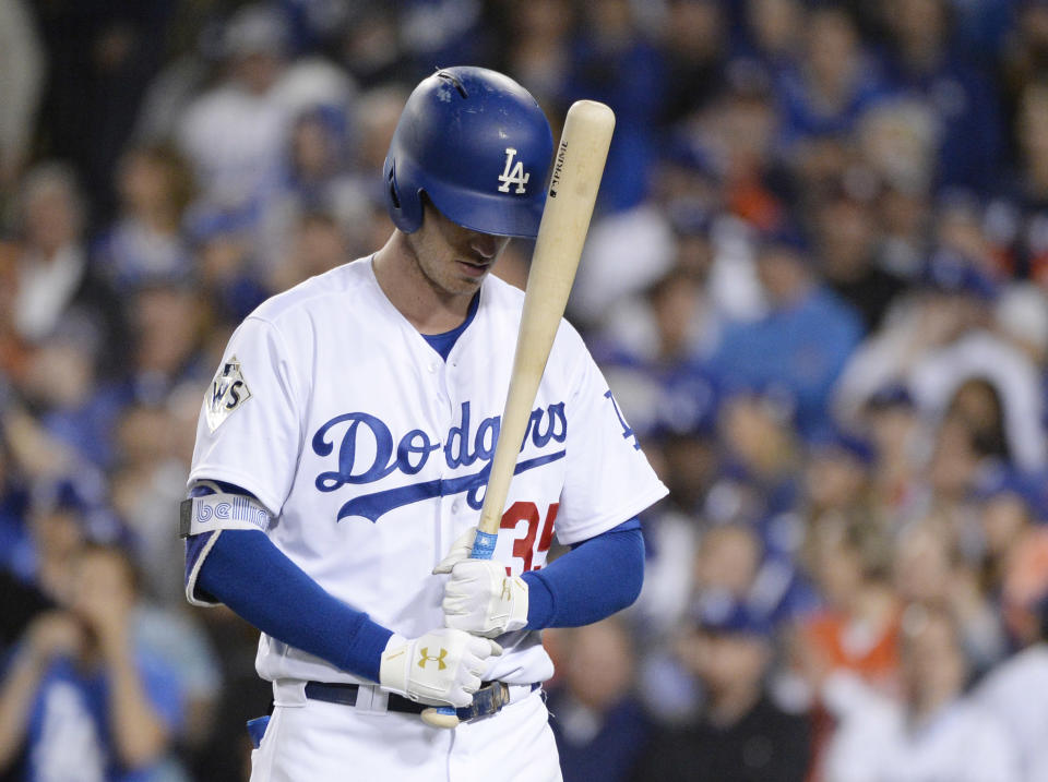 Nov 1, 2017; Los Angeles, CA, USA; Los Angeles Dodgers first baseman Cody Bellinger (35) reacts after striking out against the Houston Astros in the third inning in game seven of the 2017 World Series at Dodger Stadium. Mandatory Credit: Gary A. Vasquez-USA TODAY Sports