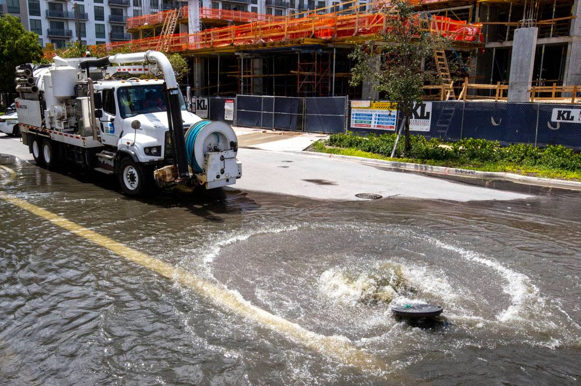 Sewage overflows through a manhole due to heavy rainfall in the Little Havana neighborhood of Miami, Florida, on Saturday, June 4, 2022. Heavy rainfall caused by a tropical disturbance overwhelmed Miami-Dades sewage treatment system, which exceeded capacity and causes wastewater to overflow in several locations in the center of the county.