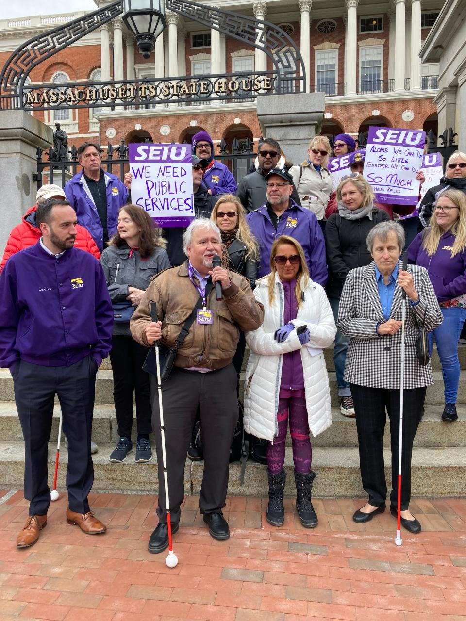 Union workers and clients of the Massachusetts Commission for the Blind rally to celebrate the ousting of the director, effective Friday after a no-confidence vote and a letter to the governor prompted the change in leadership.