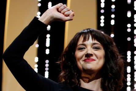 FILE PHOTO: 71st Cannes Film Festival – Closing ceremony – Cannes, France, May 19, 2018. Asia Argento gestures on stage. REUTERS/Stephane Mahe/File Photo