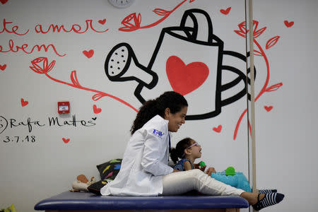 Luana Vieira, who is two years old, and was born with microcephaly, reacts to stimulus during an evaluation session with a physiotherapist at the Altino Ventura rehabilitation center in Recife, Brazil, August 6, 2018. REUTERS/Ueslei Marcelino/Files