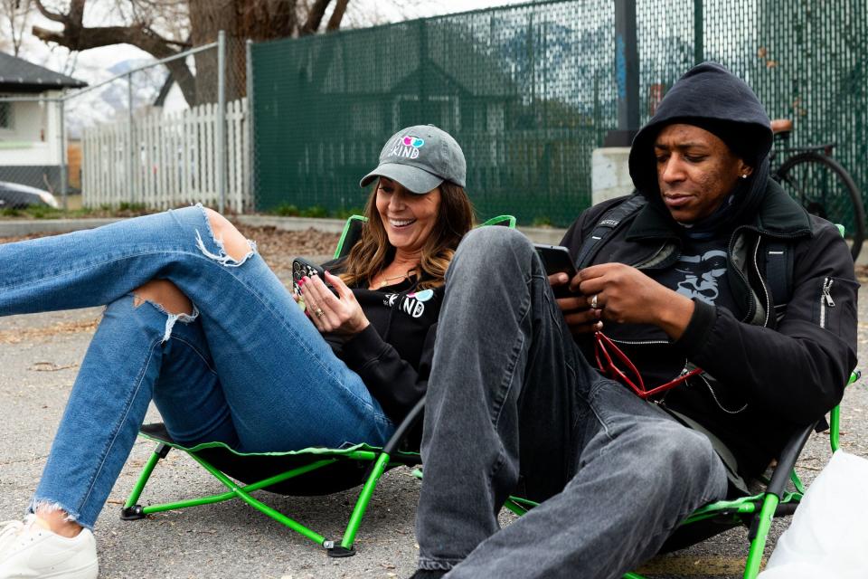Jessica Lowe, founder of Be a Little Too Kind, hangs out with Kevin, one of her homies, in Salt Lake City on Thursday, Feb. 1, 2024.Be a Little Too Kind is a nonprofit organization focused on assisting homeless people by providing a homemade meal every week and other essential life sustaining items. | Megan Nielsen, Deseret News
