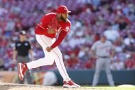 Cincinnati Reds' Amir Garrett pitches against the Washington Nationals during the eighth inning of a baseball game Sunday, Sept. 26, 2021, in Cincinnati. The Reds defeated the Nationals 9-2. (AP Photo/Jay LaPrete)