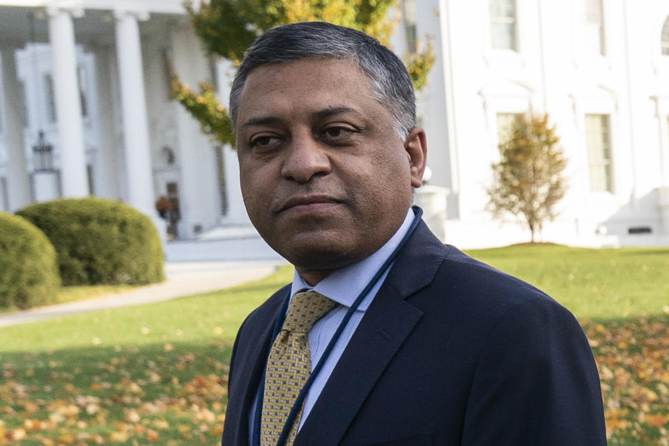 FILE - Dr. Rahul Gupta, the director of the White House Office of National Drug Control Policy, is shown at the White House, Thursday, Nov. 18, 2021, in Washington. The U.S. government paid its remaining $1.3 million in dues to the World Anti-Doping Agency but delivered a brusque message along with the check. A pair of letters written by the director of the White House drug control office, Rahul Gupta, and obtained by The Associated Press, revealed the money was given despite misgivings about America’s standing within the agency.(AP Photo/Alex Brandon, File)