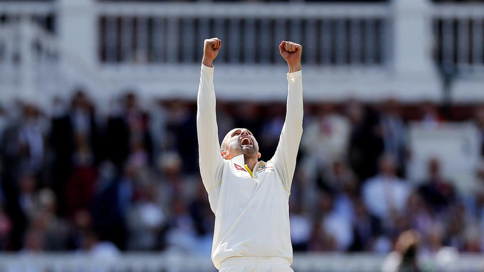 Nathan Lyon celebrates one of his wickets against England at Lord's.