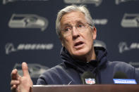 Seattle Seahawks coach Pete Carroll addresses a news conference Tuesday, Dec. 24, 2019, in Renton, Wash. When Marshawn Lynch played his last game for the Seahawks in 2016, the idea of him ever wearing a Seahawks uniform again seemed preposterous. Yet, here are the Seahawks getting ready to have Lynch potentially play a major role Sunday against San Francisco with the NFC West title on the line. (AP Photo/Elaine Thompson)