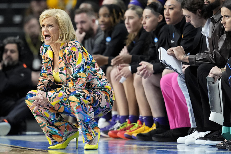 LSU head coach Kim Mulkey reacts during the first quarter of a Sweet Sixteen round college basketball game against the UCLA during the NCAA Tournament, Saturday, March 30, 2024, in Albany, N.Y. (AP Photo/Mary Altaffer)