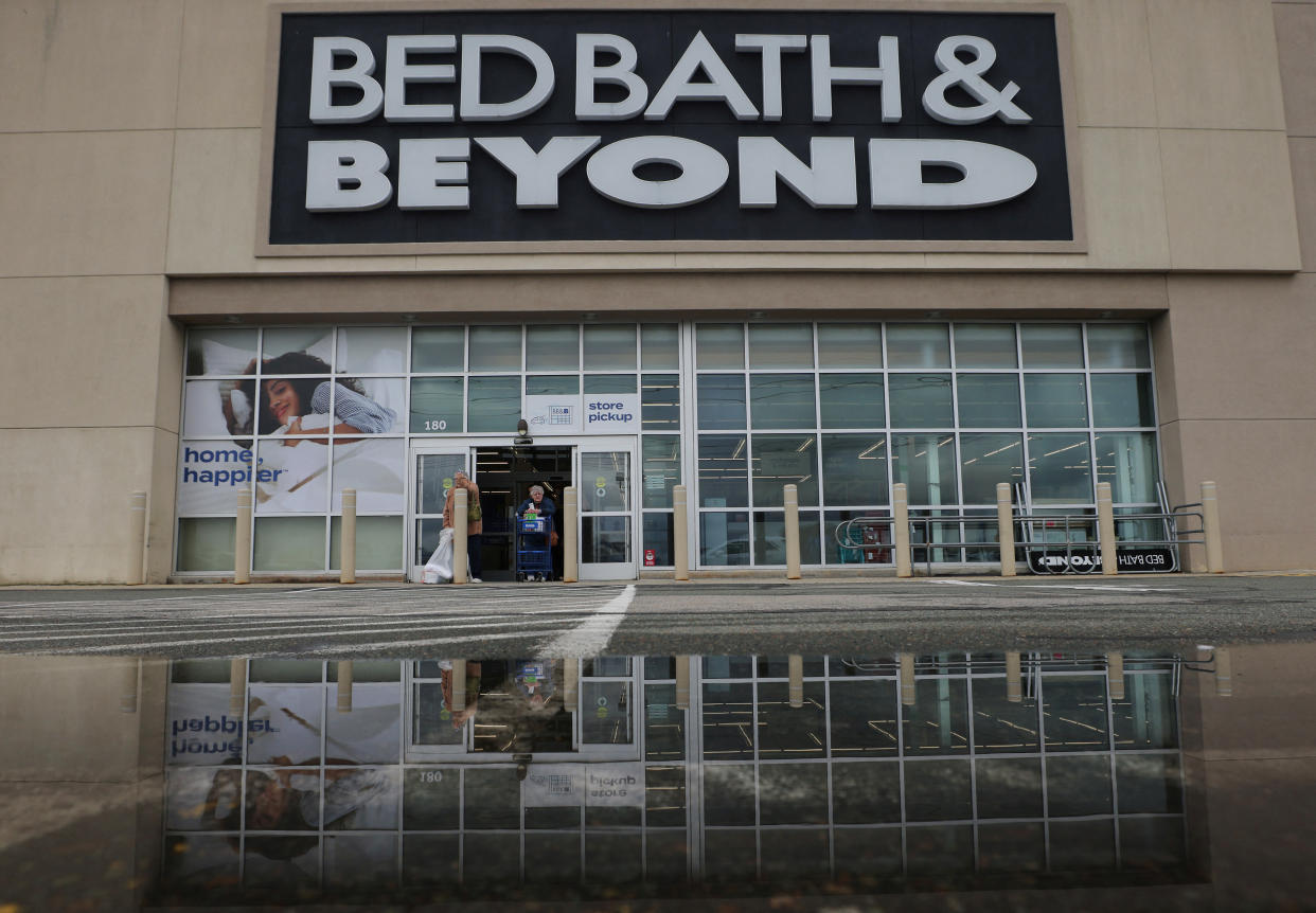 Shoppers leave a Bed Bath & Beyond store, after the company declared bankruptcy, in Danvers, Massachusetts, U.S., April 24, 2023. REUTERS/Brian Snyder