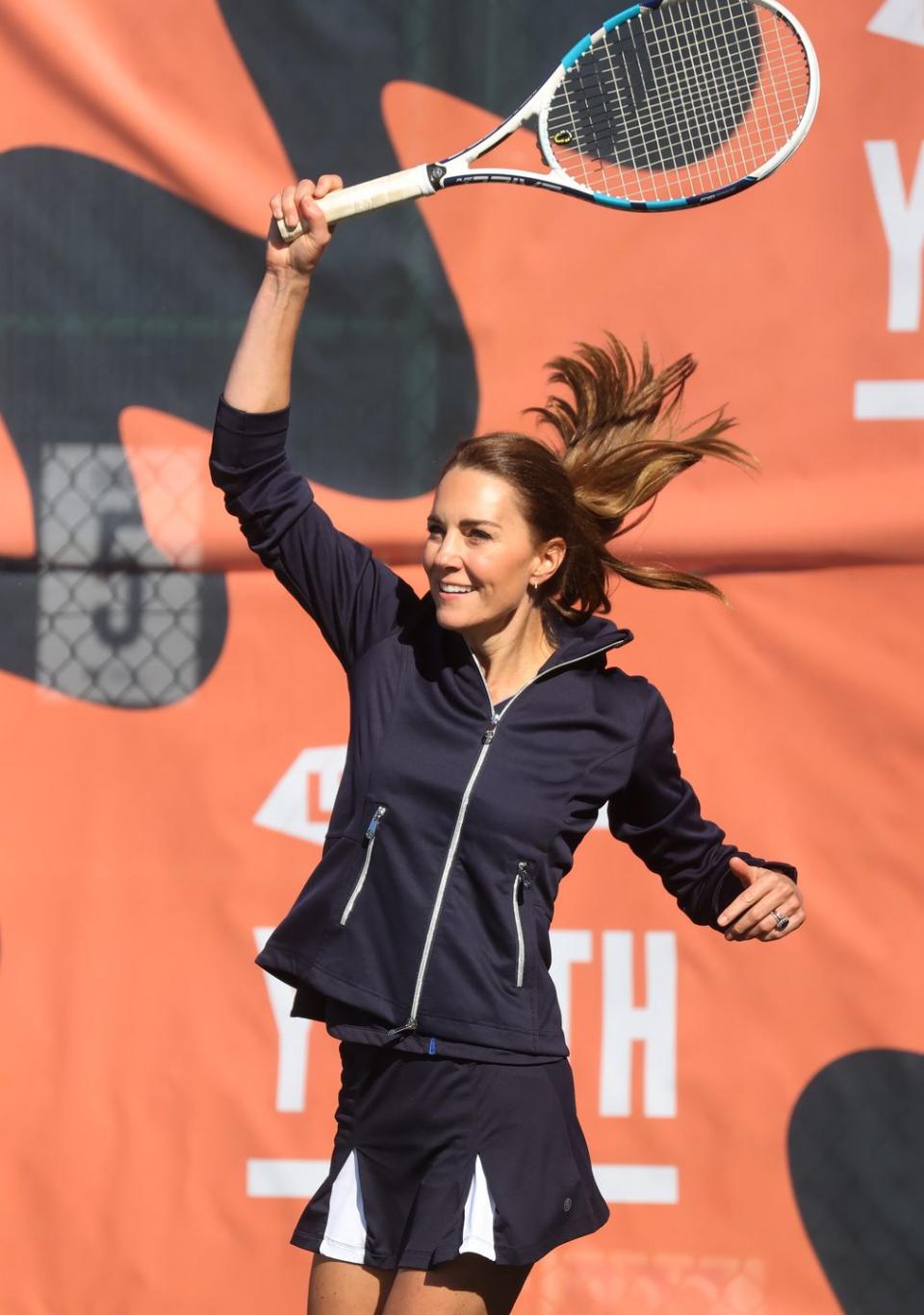 london, england   september 24 catherine, duchess of cambridge in action as british us open champions emma raducanu, joe salisbury, gordon reid and alfie hewett return to the ltas national tennis centre for the homecoming and to celebrate their success on september 24, 2021 in london, england photo by chris jacksongetty images for lta