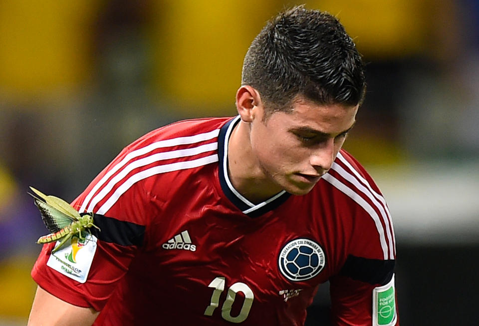 <p>Colombia’s midfielder James Rodriguez celebrates with a locust on his arm after scoring during the quarter-final football match between Brazil and Colombia at the Castelao Stadium in Fortaleza during the 2014 FIFA World Cup on July 4, 2014. </p>