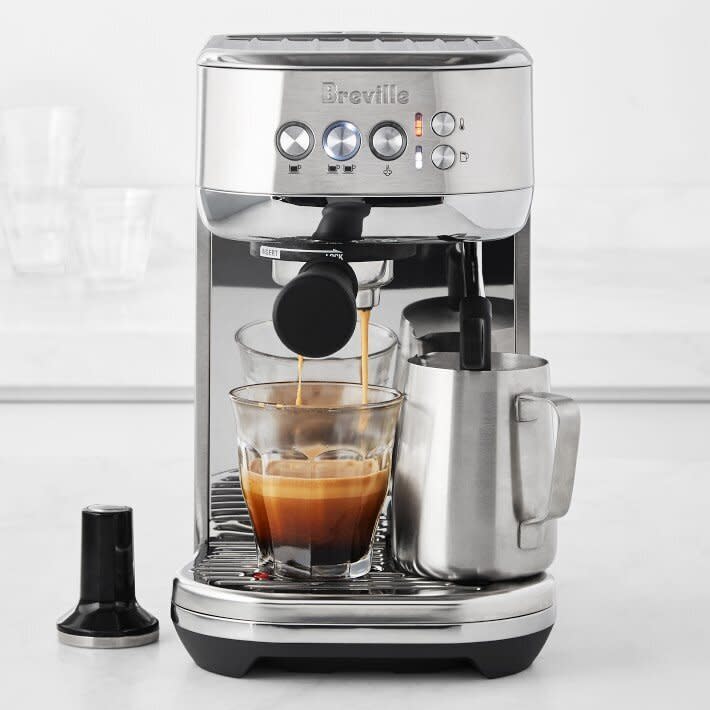 If dad is missing his trips to the local cafe, he might enjoy a figuring out how to make a <a href="https://www.huffpost.com/entry/how-to-make-espresso-latte-at-home_l_5e8f4b77c5b6458ae2a58bfe" target="_blank" rel="noopener noreferrer">barista-level latte</a> at home. For the guy who can taste the difference between a cortado and macchiato and can define the difference between a latte and a flat white, this <a href="https://fave.co/2xk1joe" target="_blank" rel="noopener noreferrer">Breville Bambino</a> is just the thing. <a href="https://fave.co/2xk1joe" target="_blank" rel="noopener noreferrer">Get it from Williams Sonoma</a>.