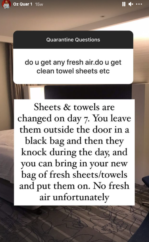 Screenshot of TikTok question explaining frequency of sheets and towels changed. It's every seven days for this quarantiner