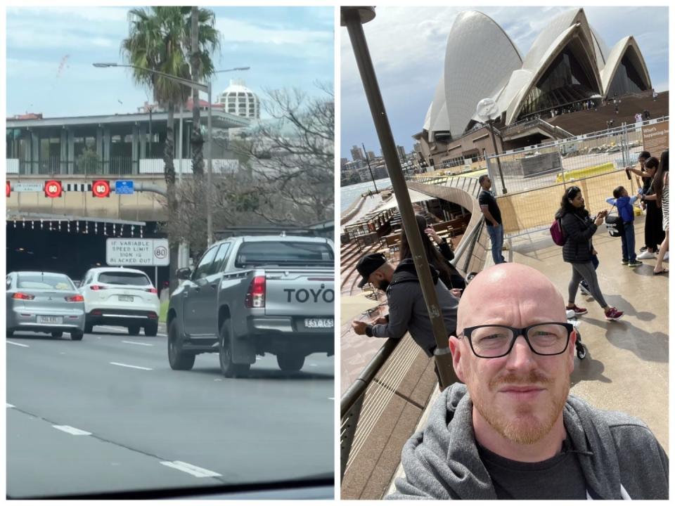 Left, a car. Right, a man in front of the Sydney Opera House.