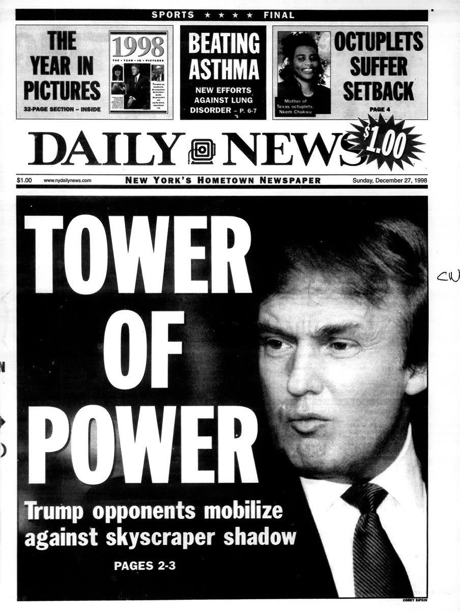 Trump made headlines when he was building Trump World Tower, which was briefly the tallest all-residential tower in the world. The construction faced a lot of backlash due to its height and potential to cast shadows over the city. The Dec. 27, 1998 headline read, "Tower of Power: Trump opponents mobilize against skyscraper shadow." 