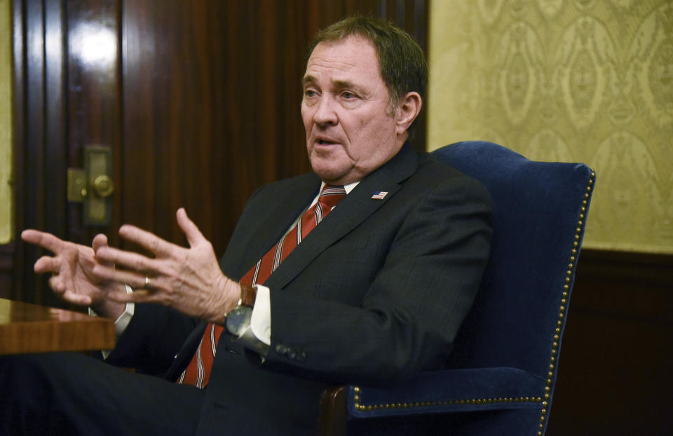 FILE - In this March 14, 2019, file photo, Utah Gov. Gary Herbert speaks during an interview on the final day of the legislative session at the Utah state Capitol in Salt Lake City. The discredited practice of conversion therapy for LGBTQ children is now banned in Utah, making it the 19th state and one of the most conservative to prohibit it. Herbert took the unusual step of calling on regulators after a proposed law was derailed by changes made by conservative lawmakers. State officials confirmed the rule became final late Tuesday, Jan. 21, 2020. (Francisco Kjholseth/The Salt Lake Tribune via AP, File)